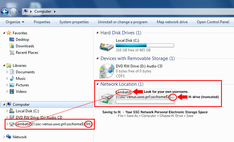 Image illustrating how to access SSC Network H: Drive