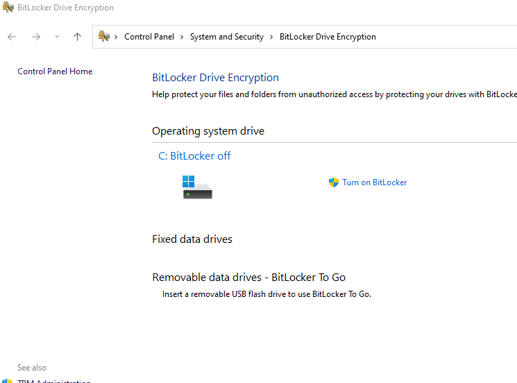 Turning on bit locker through windows settings