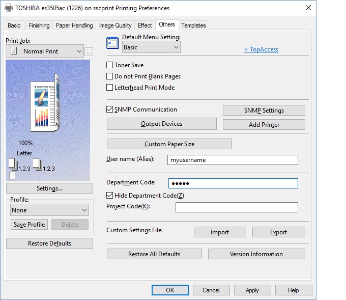 Printing Preferences Department Code