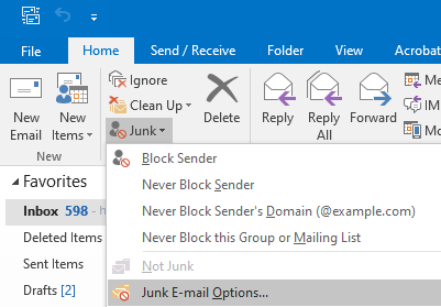 Junk Email Menu