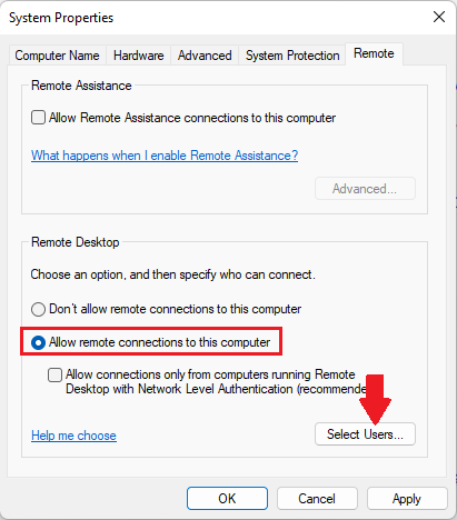 System Remote settings for windows 11
